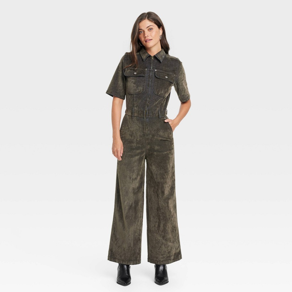 Women's Short Sleeve Flocked Denim Jumpsuit - Universal Thread™ Olive 2