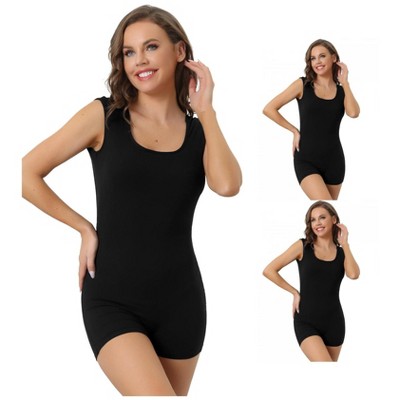 INSPIRE CHIC Women's Backless Slim Fit U Neck Short Sleeves Stretchy Full Bodysuit Black Small