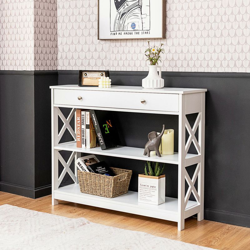 Costway 3-Tier Console Table X-Design Sofa Entryway Table with Drawer & Shelves Gray\ Espresso, 3 of 12