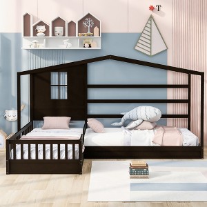 Twin Size L-Shaped Wood House Bed for 2 Kids, L shaped Corner Daybed with Fence and Slatted Frame for Bedroom - 1 of 4