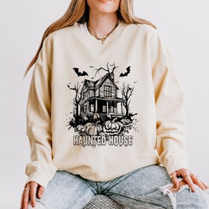 Simply Sage Market Haunted House Pumpkins And Bats Lightweight Garment Dyed Sweatshirt - 1 of 4
