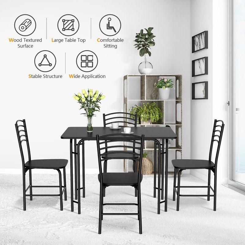 5 Pcs Modern Dining Table Set 4 Chairs Steel Frame Home Kitchen Furniture Black, 5 of 10