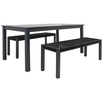 Aquina Black Acacia Wood Dining Set with Woven Rattan Benches