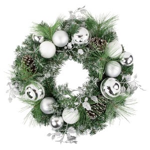 Northlight Green Pine Needle Wreath with Pinecones and Christmas Ornaments, 24-Inch, Unlit - 1 of 4
