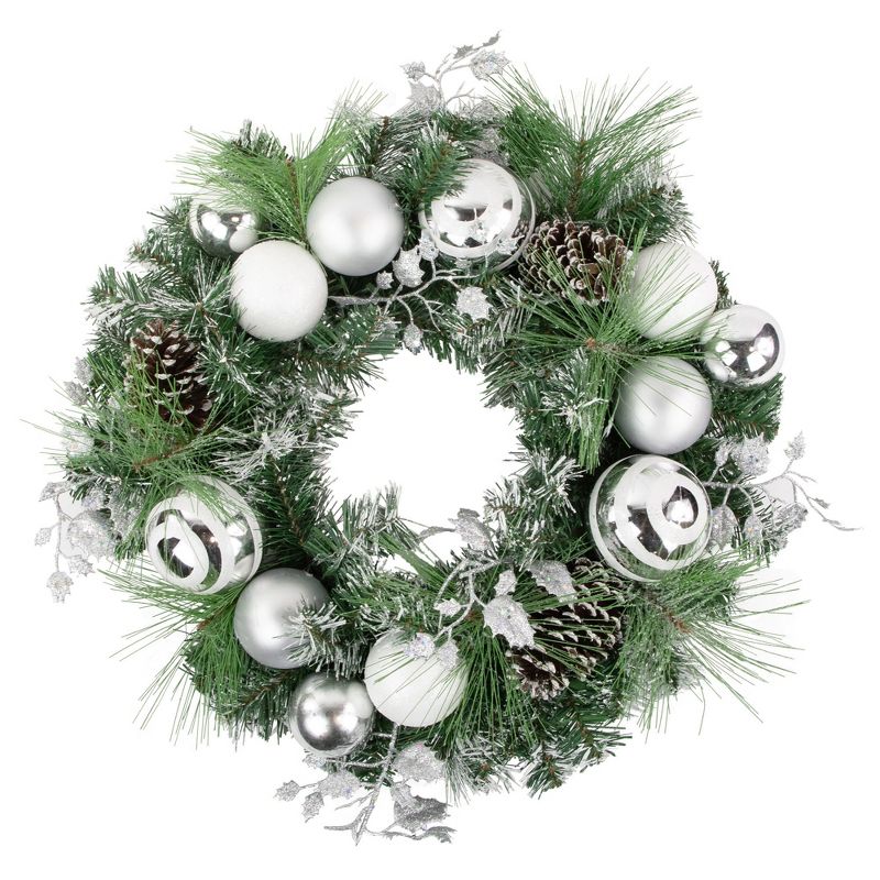 Northlight Green Pine Needle Wreath with Pinecones and Christmas Ornaments, 24-Inch, Unlit, 1 of 7