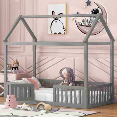 ALEXOUN Wood House Bed with Fence and Door, Wooden Bed Frame with Roof for Teens, Boys or Girls, for Bedroom Apartments