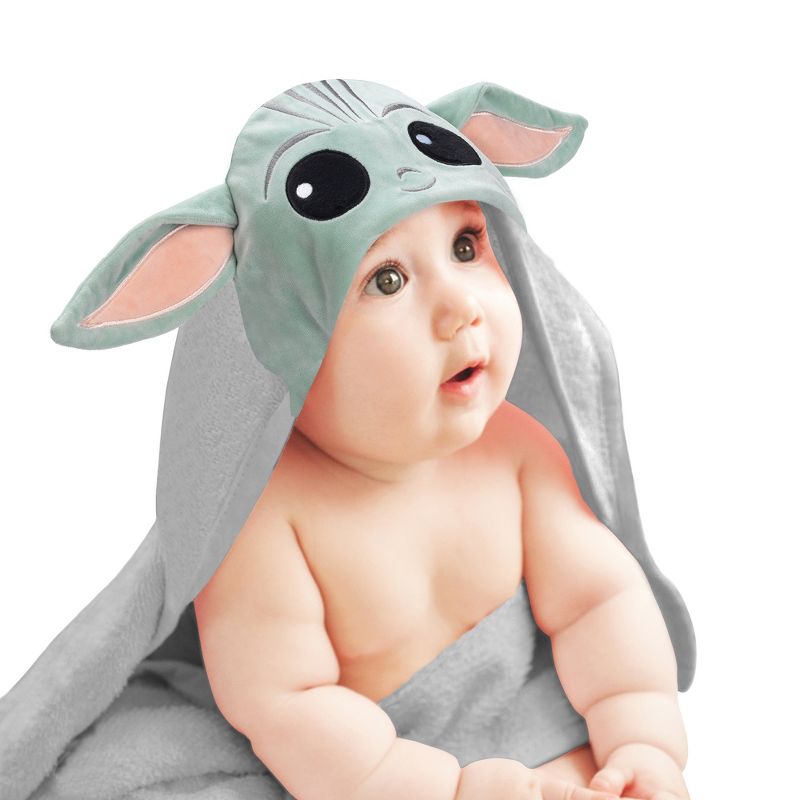 Lambs & Ivy Star Wars The Child/Baby Yoda/Grogu Gray Hooded Baby Bath Towel, 1 of 6