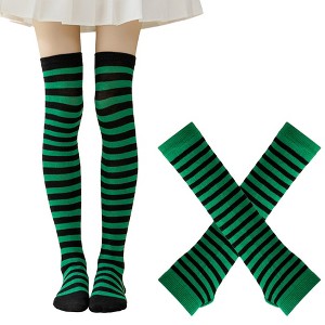 BABYYER Striped Thigh High Socks, Christmas Long Stockings, Leg Warmer and Long Fingerless Gloves Set for Holiday Decorations - 1 of 4