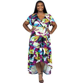 24seven Comfort Apparel Plus Size Colorful Floral V Neck Belted High Low Faux Wrap Dress