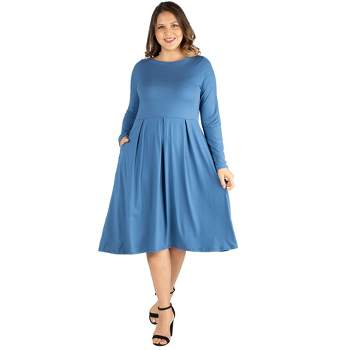 24seven Comfort Apparel Long Sleeve Fit and Flare Plus Size Midi Dress