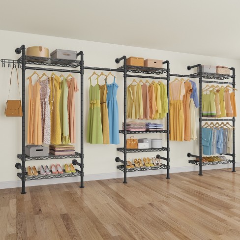 Timate F1 F3 Large Bedroom Armoire Industrial Pipe Wall Mounted Clothing Rack Heavy Duty Closet Kit for Walk in Closet Systems Black