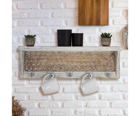 23.7" x 7.7" Decorative Wall Shelf With Hooks White - E2 Concepts