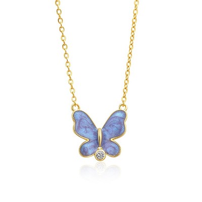 Molenia 925 Sterling Silver Blue Butterfly  Necklace for Women Trendy 14K Gold Plated  Round Zircon Pendant