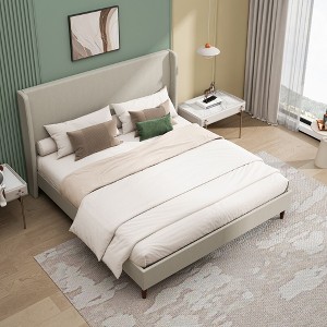 High Headboard Upholstered Bed, Bed Frame, 12-Slat Support, Easy to Assemble, Beige, Chenille Cloth, No Box Spring Needed - 1 of 4