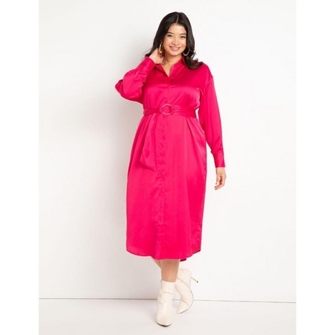 ELOQUII Women's Plus Size Satin Button Down Maxi Shirtdress, 14 - Hot Pink