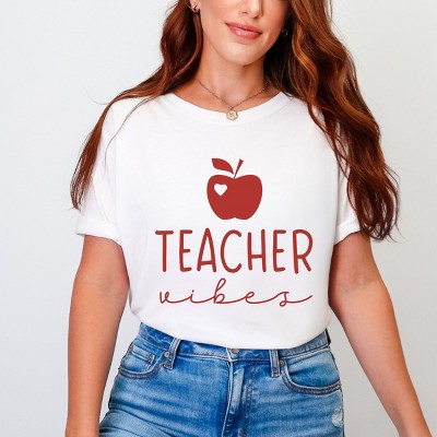 Simply Sage Market Teacher Vibes Cursive Apple Garment Dyed Tee - S - White