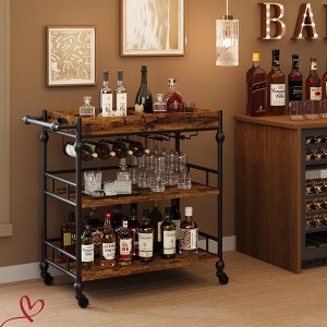 3 Tier Bar Cart Bar Cart with Wheels Rolling Cart with Wine Rack and Glasses Holder, Industrial Serving Cart with Removable Tray - 1 of 4