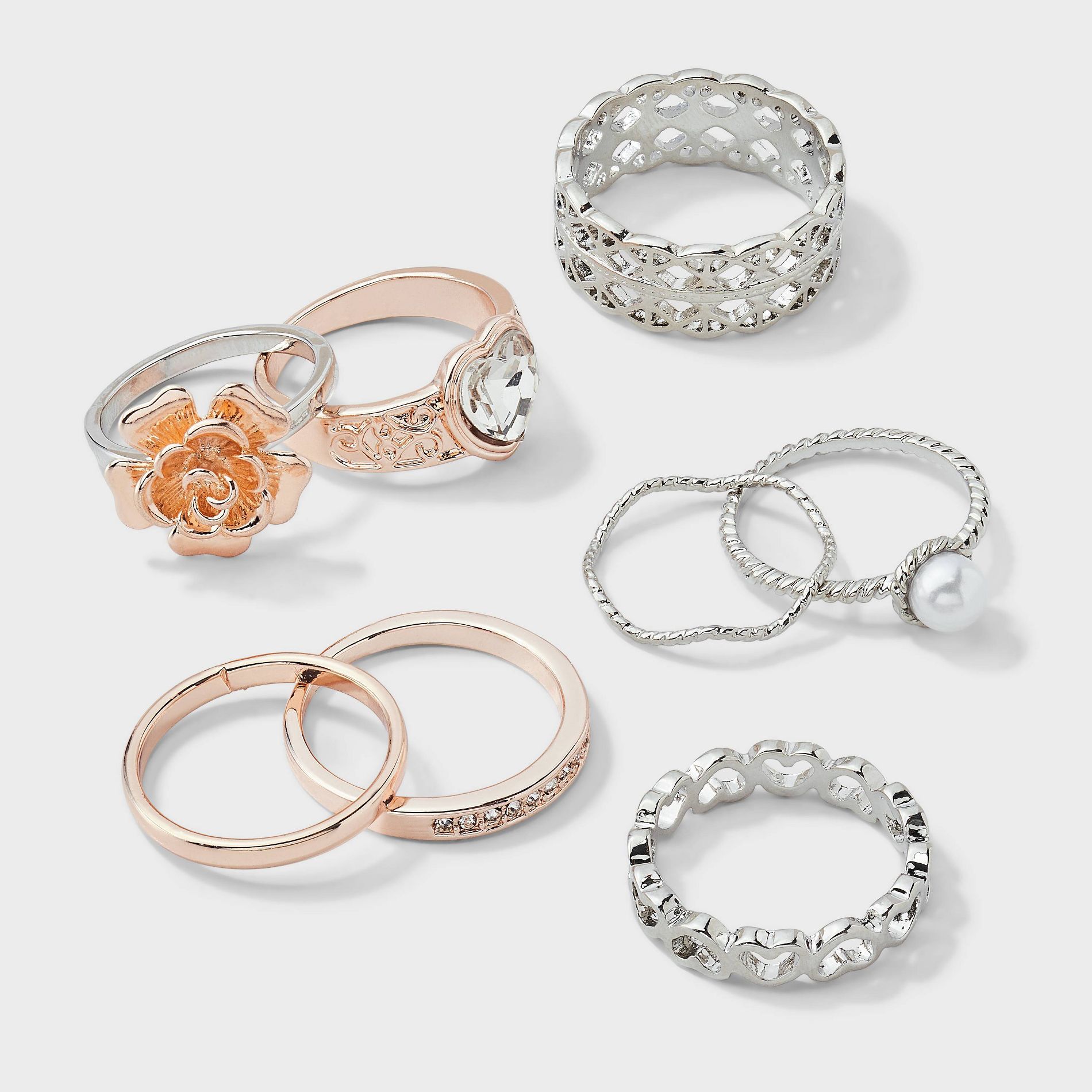 Heart and Flowers Ring 8pc Set- Wild Fable™ Mixed Metal