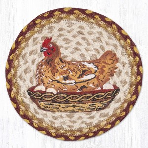 Earth Rugs Hen on Nest Round Trivet – 10" Printed Farmhouse Design on Braided Natural Jute - 1 of 3