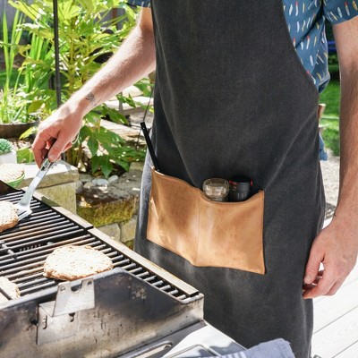 Black Canvas Cooking Apron with Faux Leather Straps and Pocket