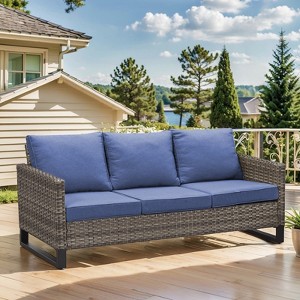 POCASSY 74.4" Outdoor Wicker Couch with Metal Armrest, 3-Seater Couch with Square Armrest Gray Wicker Patio Furniture Sofa for Porch Balcony - 1 of 4