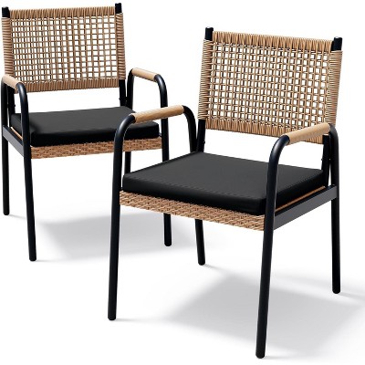Set of 2 Wicker Patio Chairs – Outdoor Wicker Dining Chairs with Metal Frame and Stylish Square Rattan Design for Balcony, and Poolside