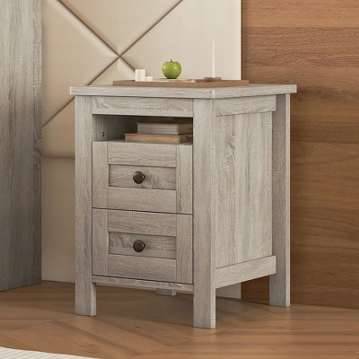 Farmhouse Nightstand With 2 Drawers And Top Open Cubby, Free Standing Bedroom Bedside Table With Legs Support, Wooden Storage End Table Home Furniture