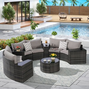 Outdoor Patio Furniture 11-Piece Half-Moon Sectional Round Patio Furniture Set Sofa with Tempered Glass Round Coffee Table - 1 of 4