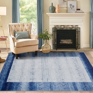 Machine Washable Bordered Rug Indoor Modern Geometric Area Rugs Low Pile Rug Abstract Carpet, 4' x 5' Blue - 1 of 4