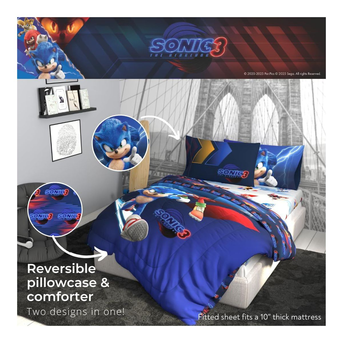 Sonic The Hedgehog 3 Movie Kids Bedding Full Comforter and Sheets, 5 Piece Set - thumbnail 5