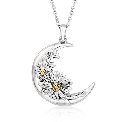 Ross-Simons Sterling Silver Floral Moon Pendant Necklace With 14kt Yellow Gold Size 18