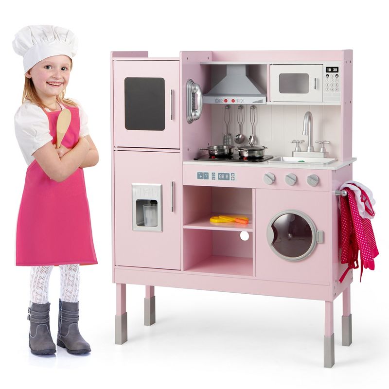 Costway Kids Pretend Kitchen Play Set Toddler Toy Wooden Chef Height Adjustable with Sounds, 1 of 11