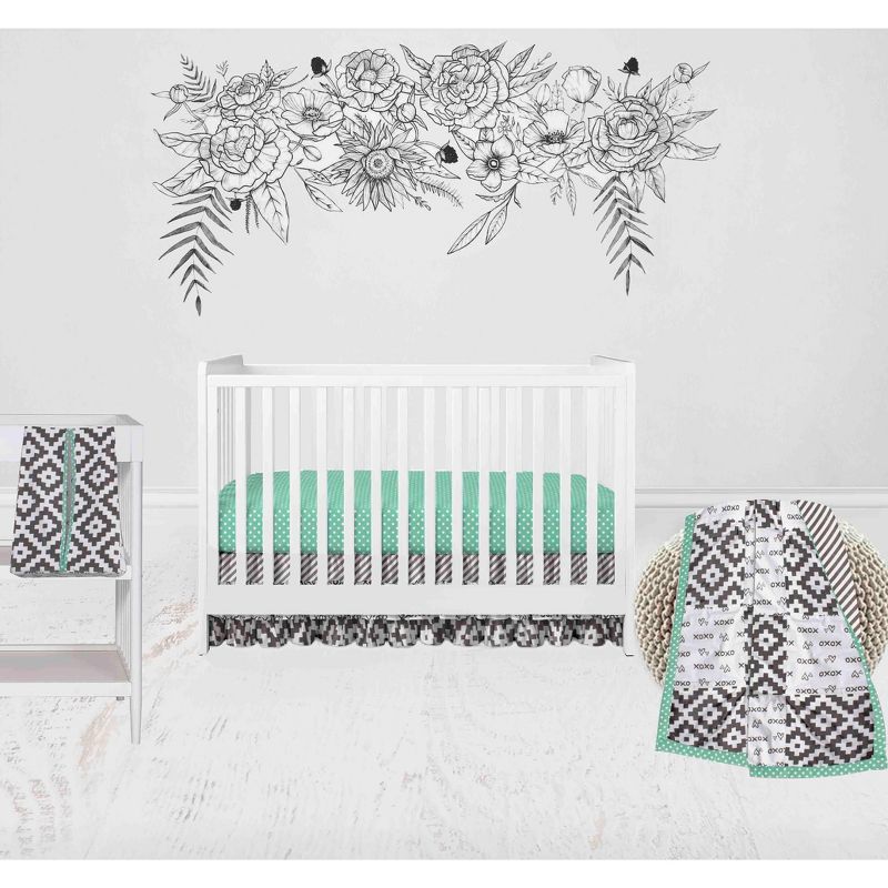 Bacati - Love Aztec Design/Print Gray Mint 4 pc Crib Bedding Set with Diaper Caddy, 1 of 9