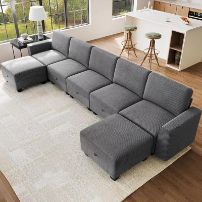 140" Sectional Sofa with Storage, U Shaped Convertible Sofa w/ Ottomans, 7-Seat Modern Convertible L Shaped Couch for Living Room
