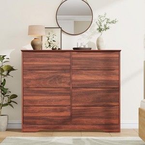 Red Walnut Wooden 8 Drawer Dresser with Deep Storage and Wide Top for Bedroom and Hallway