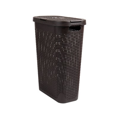 Brown Plastic Wicker Design Collapsible Laundry Basket with Lid
