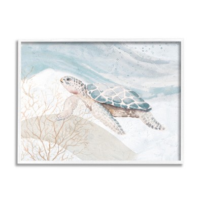 Stupell Industries Pleasant Sea Turtle Drifting Ocean Bubble Waves Framed Giclee Art