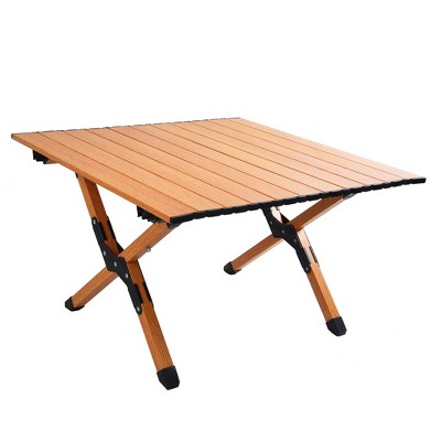 Vynxaria Folding Tables Brown Portable Picnic Table with Roll-Up Top and Foldable Solid X-Frame