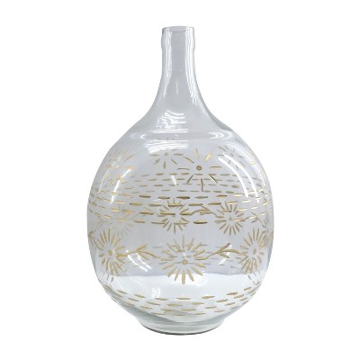 Transpac Glass 16 in. Clear Everyday Etched Flowers Vase