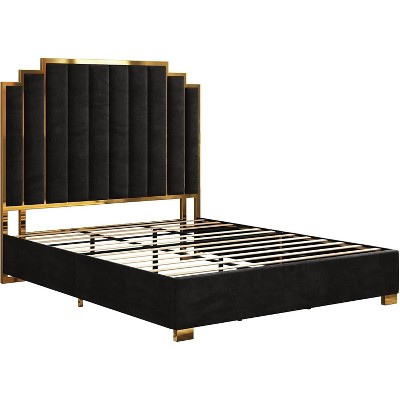 AMERLIFE Upholstered Bed, Modern Velvet Bed Frame with 61.4" Tall Gold Trim Headboard