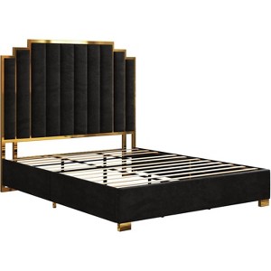 AMERLIFE Upholstered Bed, Modern Velvet Bed Frame with 61.4" Tall Gold Trim Headboard - 1 of 4