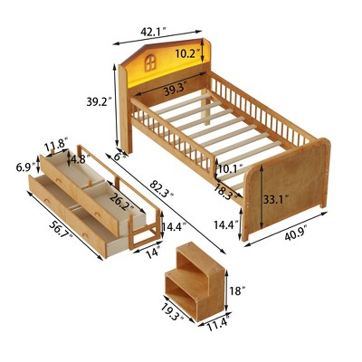  exploded view with dimensions of the SeaCamel twin loft bed