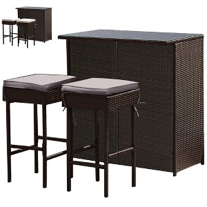 Tangkula 3PCS Rattan Patio Bar Table & Stool Set Dining Set w/ Gray & Off white Cushion - 1 of 4