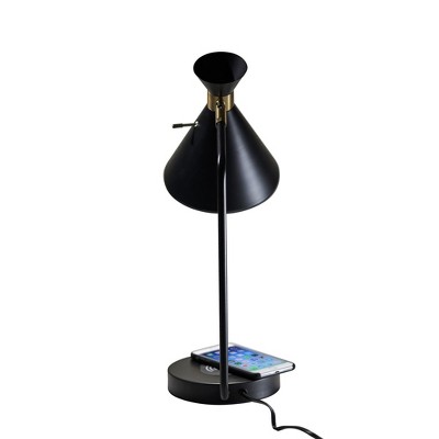 19" Matte Black and Brass Arc Desk Lamp with Wireless Charging