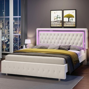 AMERLIFE Bed Frame with LED Headboard & Footboard, Velvet Upholstered, No Box Spring Needed - 1 of 4