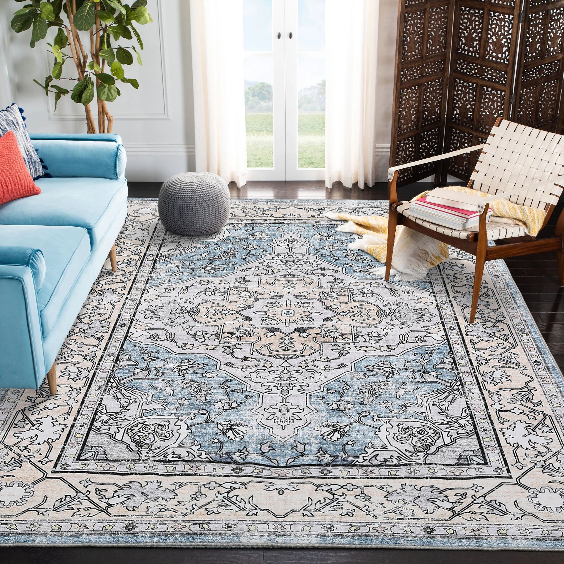 Area Rug, Vintage Printed Distressed Accent Rug, Low Pile Anti-Slip Front Door Mat, Foldable Thin Floral Carpet, Non-Shedding Stain Resistant Rugs