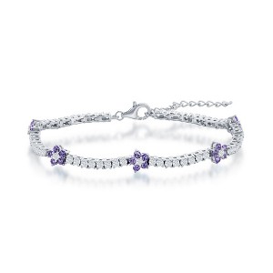 Bella Silver Sterling Silver Flower Tennis Bracelet - Amethyst CZ - Purple - 7+1 Inch - 1 of 2