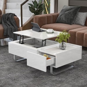 LOVMOR  Multi-functional High-gloss Surface Coffee Table with Lifted Tabletop,White - 1 of 4