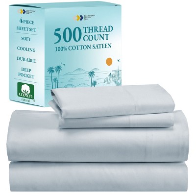 Luxury 500 Thread Count Bed Sheets Set - 100% Cotton Sateen Sheets Set, Soft, Cool & Breathable, Deep Pocket by California Design Den