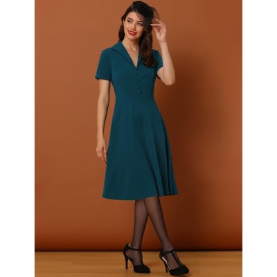 Женские платья INSPIRE CHIC Women's Vintage Flat Collar V Neck Short Sleeve Belted 1950s Flare Dress Small Peacock Blue — фото 4